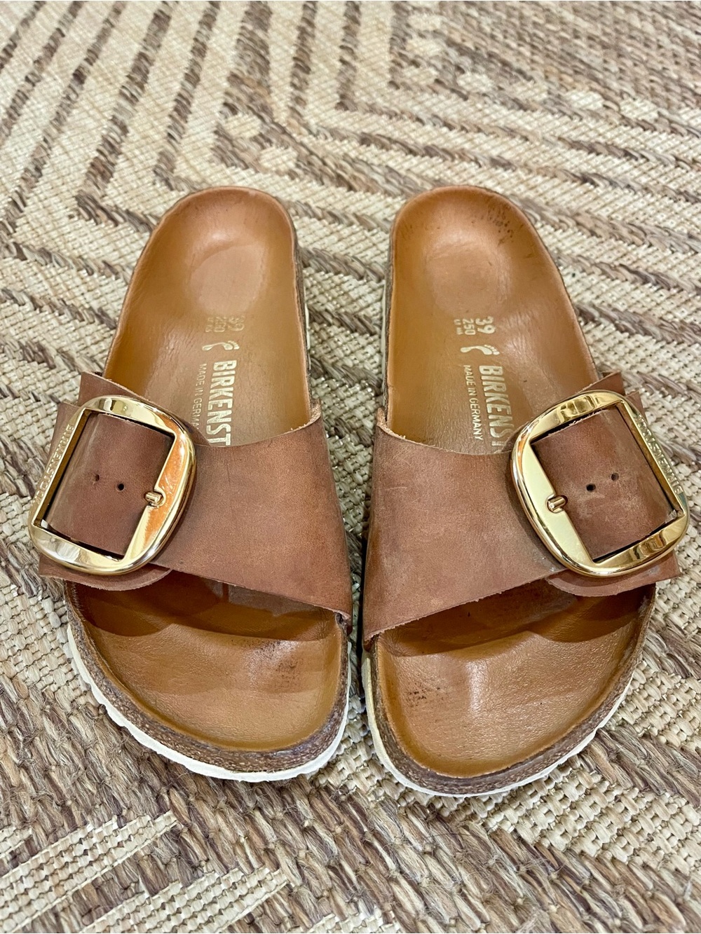 Birkenstock Women’s Tan Suede Madrid Slide Sandals with Gold Buckle
